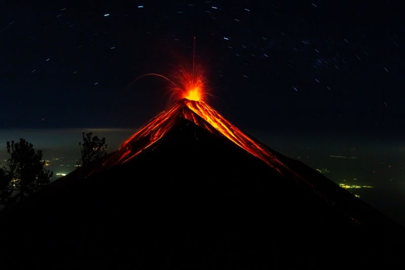 Exploding Volcano with Star Trails